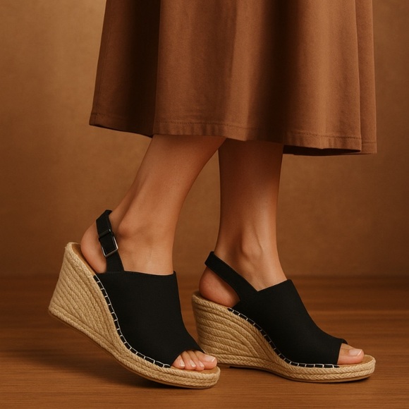 Black Tom’s Espadrille Wedge Shoes with Slingback Size 7W - Picture 10 of 10